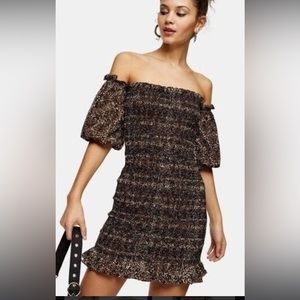 NWT Topshop Leopard Print Shirred Bardot Mini Dress size 4